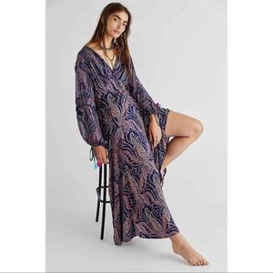 Free People Purple Blue Wrap Gown with Bishop Sleeves
